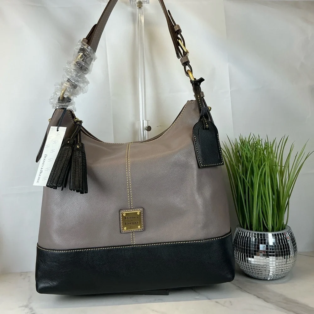 Dooney & Bourke Sophie Hobo Mushroom Taupe Black Leather Bag Tassels NWT‎